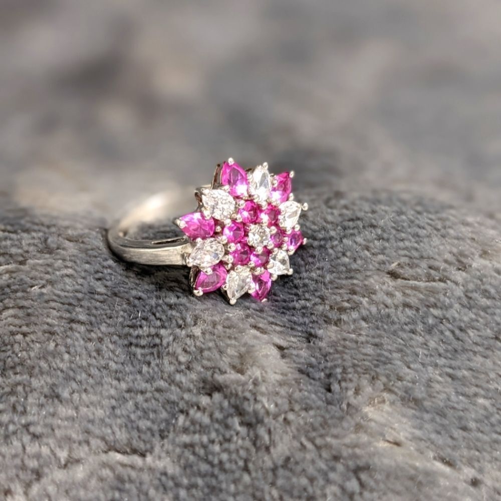 Vintage Pink & White Cubic Zirconia Ring Rhodium Plated - Picture 5 of 13